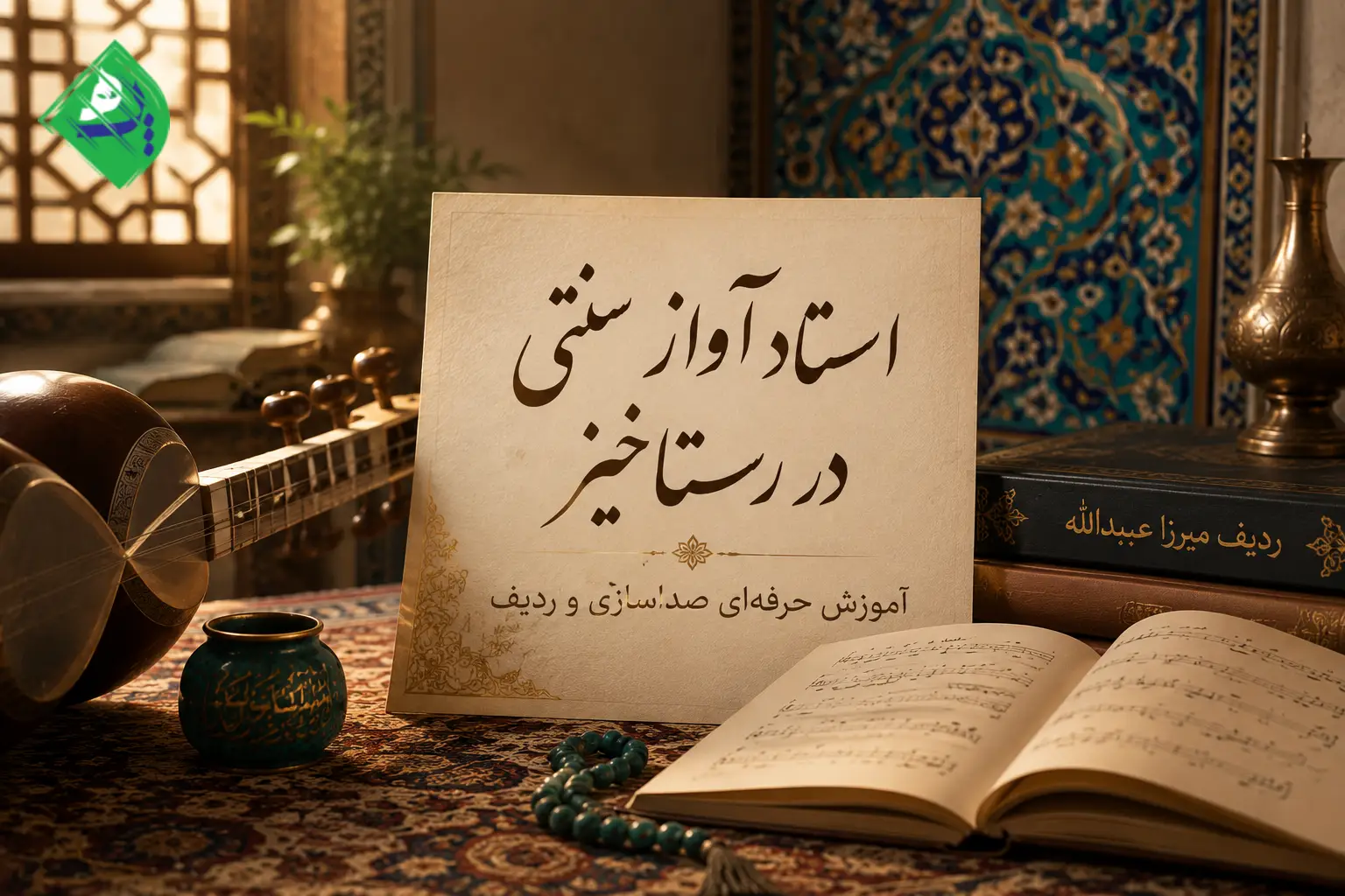 تصویر نمادین آموزش آواز سنتی در رستاخیز شامل ساز تار، کتاب ردیف موسیقی ایرانی، نت موسیقی و المانهای اصیل ایرانی در فضایی هنری.
